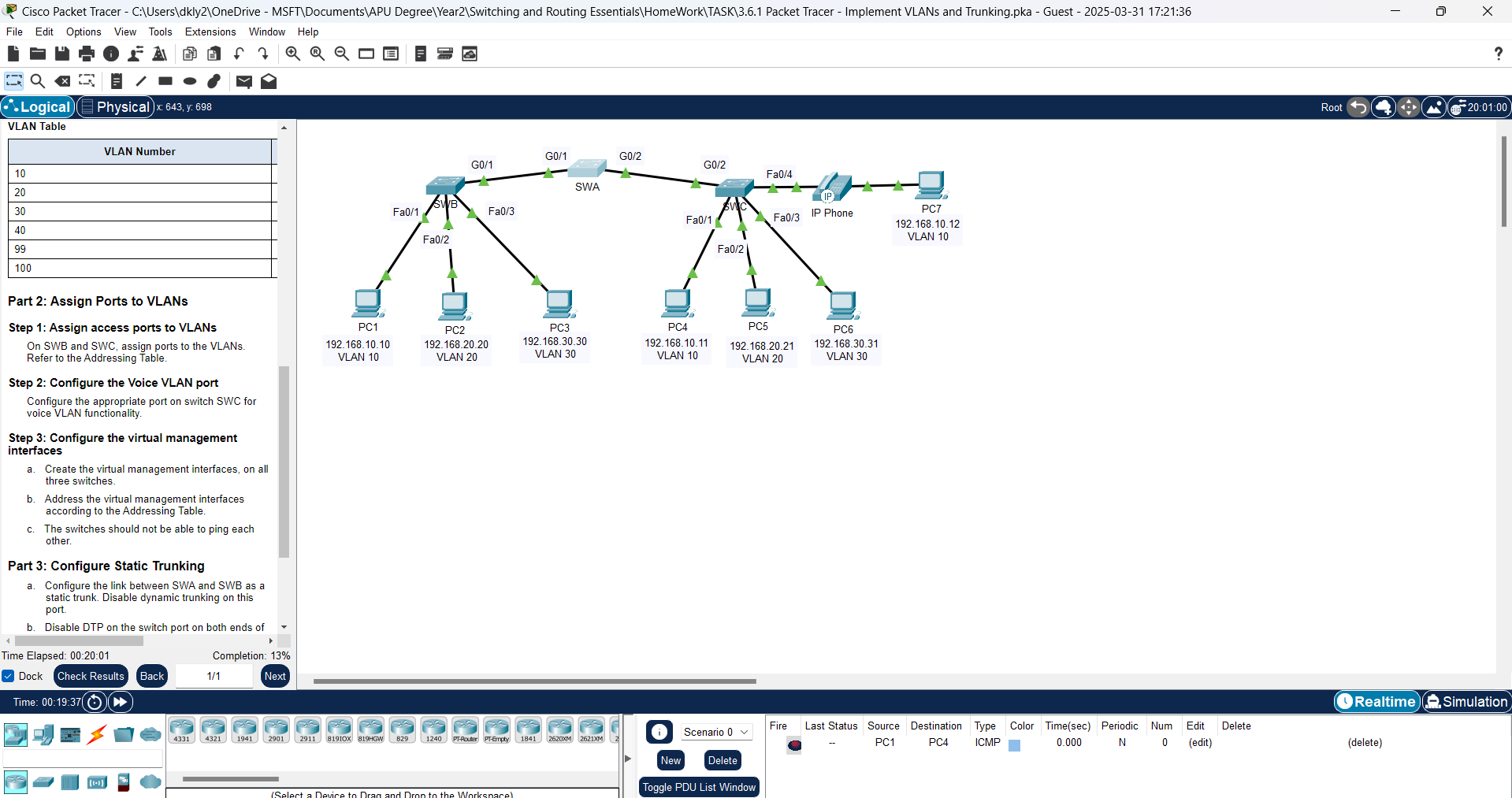 3.6.1 Packet Tracer - Implement VLANs and Trunking | Cisco Networking